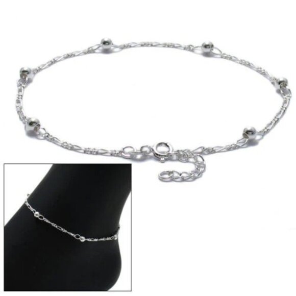 CLASSIC STERLING SILVER 9"-10" ADJUSTABLE BEADED FIGARO CHAIN ANKLE BRACELET. - Picture 1 of 3